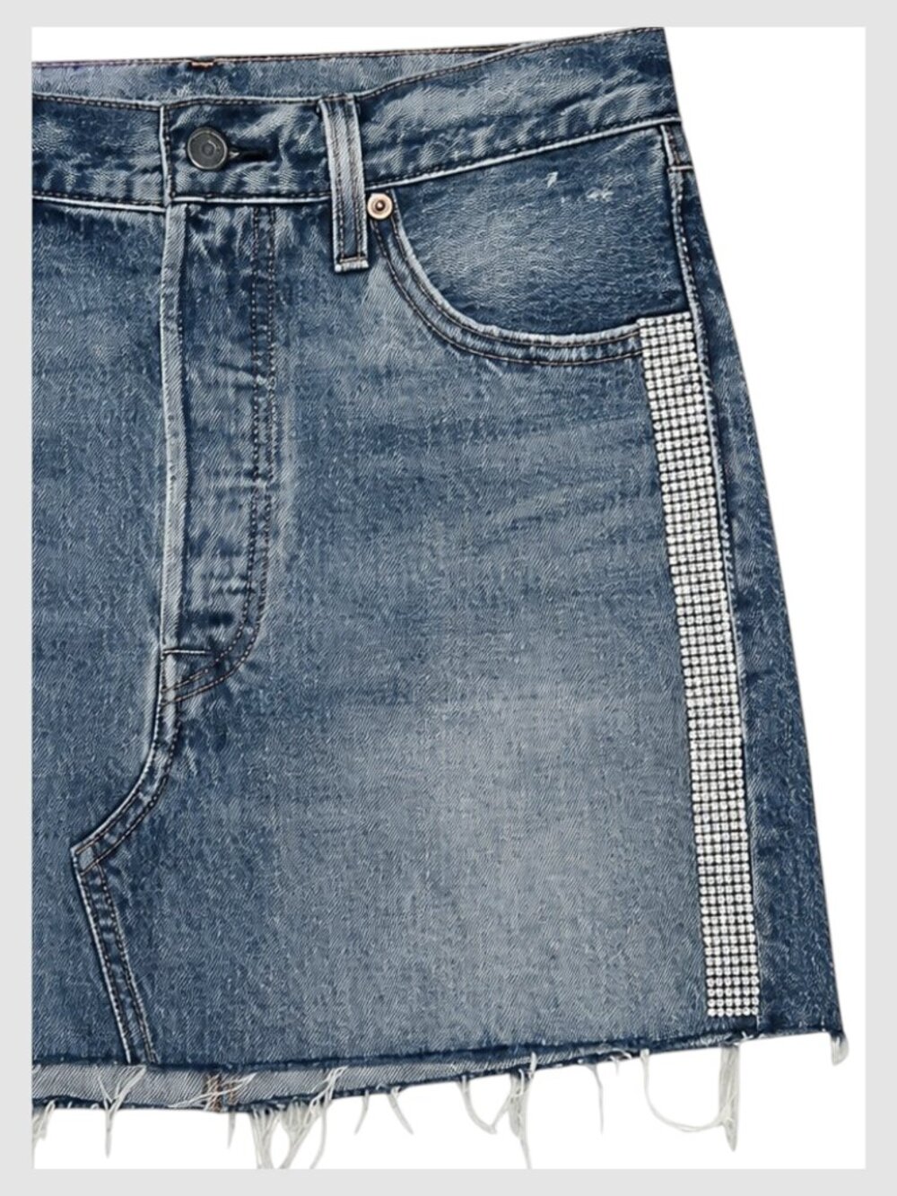 Levi’s Premium Denim Mini Skirt Blue Rhinestone Raw Hem 26 - Picture 4 of 10